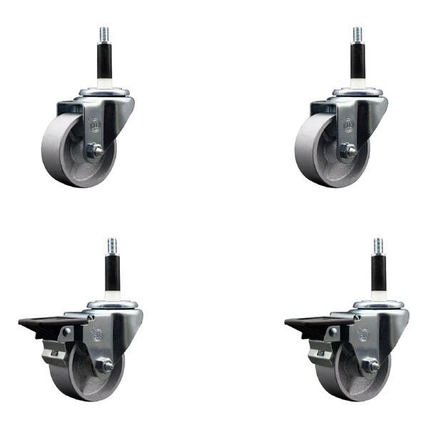 3'' Semi Steel Wheel Swivel 7/8'' Expanding Stem Caster Set 2 Brakes, 4PK